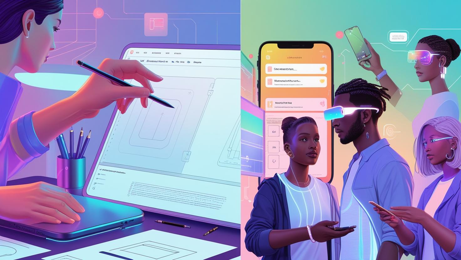 _A split-screen digital illustration_ On one side, a UX_UI designer working on a sleek touchscreen interface using a stylus, surrounded by tools like Figma, Adobe XD, and wireframe sketches_500.jpg